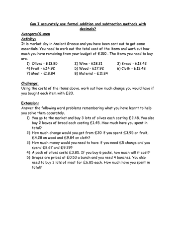 Addition / subtraction using decimal numbers KS2 Year 5 / 6 differentiated worksheets word problems