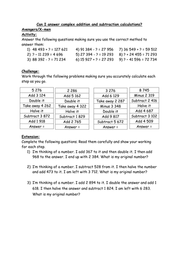 Complex addition and subtraction problems with a range of contexts for