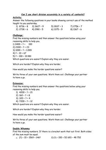 Diving in a variety of contexts 4 digit numbers by 1 digit - KS2 Year 5 ...