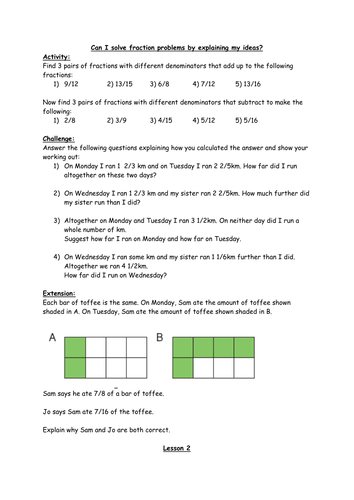 Fraction problems in a variety of contexts including word problems for Year 5 / 6 KS2
