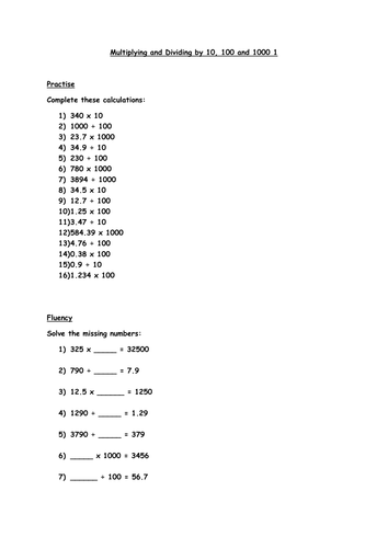 X and divide by 10, 100 and 1000 Worksheet (Year 5/6)