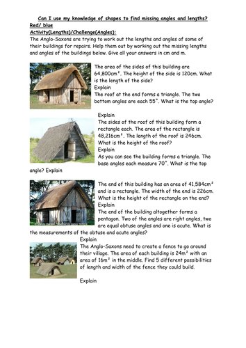 Missing lengths and angles - Anglo Saxon houses themed word problems worksheets KS2 Year 5