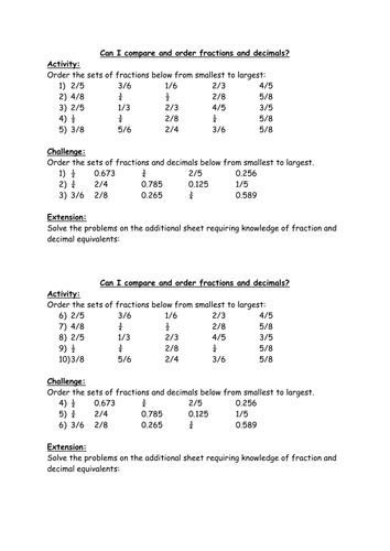 Ordering And Comparing Fraction And Decimal Numbers Ks2 Year 5 Teaching Resources