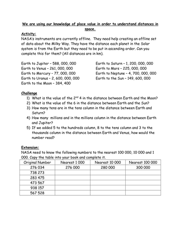 Using knowledge of place value in order to understand distances in space KS2 Year 5 worksheets