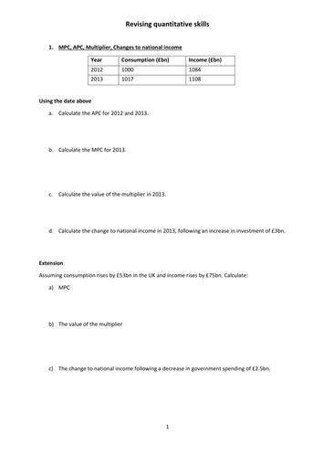 Worksheet on quantitative skills revision for Theme 2/4 Edexcel Economics