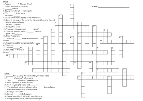 Post-1789 Poetry Anthology Crossword