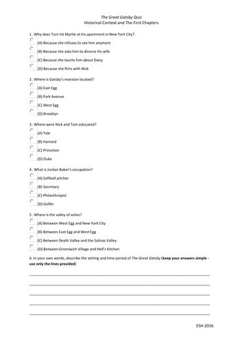 AQA Great Gatsby Context and Opening Chapters Quiz