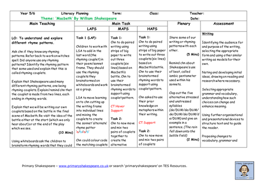 KS2 (Yr 5/6) Macbeth Sonnet Writing Lesson Plan - (Shakespeare Week)