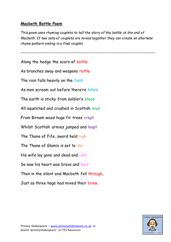 KS2 (Yr 5/6) Macbeth Battle Poem (Rhyming Patterns)