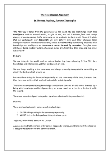 NEW OCR AS/A/LEVEL RELIGIOUS STUDIES: TELEOLOGICAL ARGUMENT