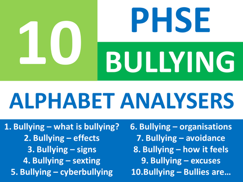 10  Bullying Alphabet Analysers PHSE Keyword Starters Wordsearch Homework or Cover Lesson PHSEE