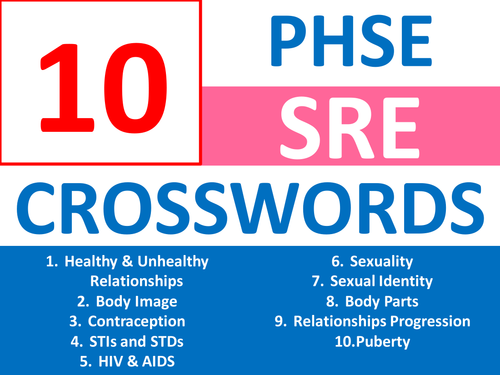 10 x SRE Puberty Sex Ed PSHE Crossword Keyword Starters Homework Cover Lesson Homework