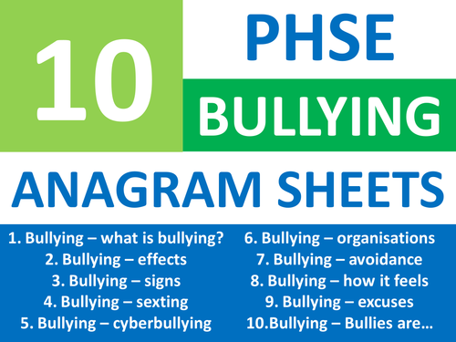 10 Anagram Sheets PHSE Bullying Keyword Starters  Homework or Cover Plenary Lesson PHSEE