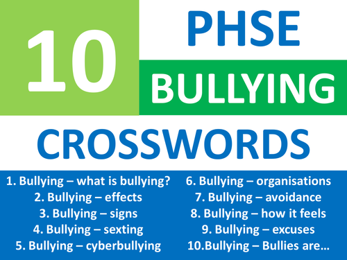 10 Crosswords PHSE Bullying Keyword Starters Crossword Homework or Cover Lesson PHSEE