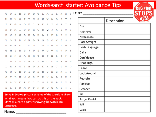 Bullying Avoidance Tips PHSE Keyword Starters Wordsearch Crossword Homework Cover Lesson PHSEE