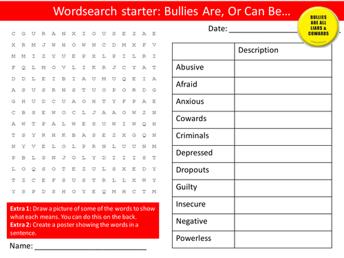 Bullying Bullies Are...PHSE Keyword Starters Wordsearch Crossword Homework Cover Lesson PHSEE