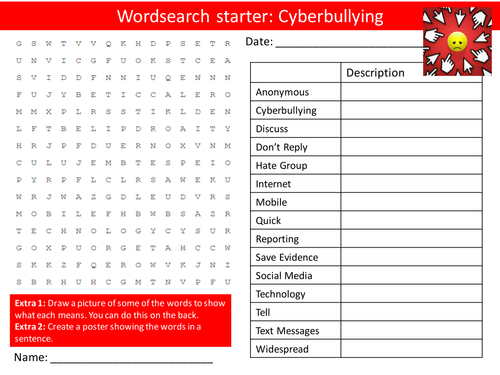 Bullying Cyberbullying PHSE Keyword Starters Wordsearch Crossword Homework Cover Lesson PHSEE