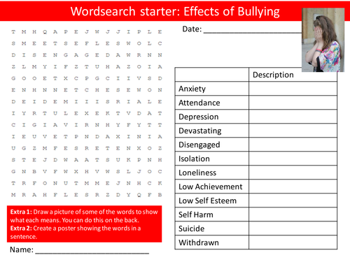 Bullying Effects of Bullies PHSE Keyword Starters Wordsearch Crossword Homework Cover Lesson PHSEE