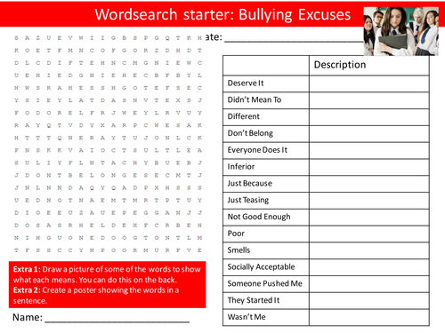 Bullying Excuses of Bullies PHSE Keyword Starters Wordsearch Crossword Homework Cover Lesson PHSEE