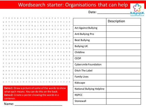 Bullying Organisations That Can Help PHSE Keyword Starters Wordsearch Crossword Homework Cover PHSEE