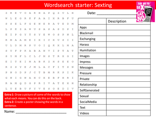 Bullying Sexting PHSE Keyword Starters Wordsearch Crossword Homework Cover Lesson PHSEE