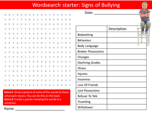 Bullying Signs of Bullying PHSE Keyword Starters Wordsearch Crossword Homework Cover Lesson PHSEE