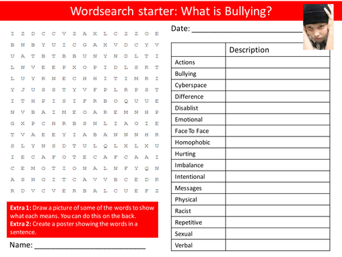 Bullying What Is it? PHSE Keyword Starters Wordsearch Crossword Homework Cover Lesson PHSEE