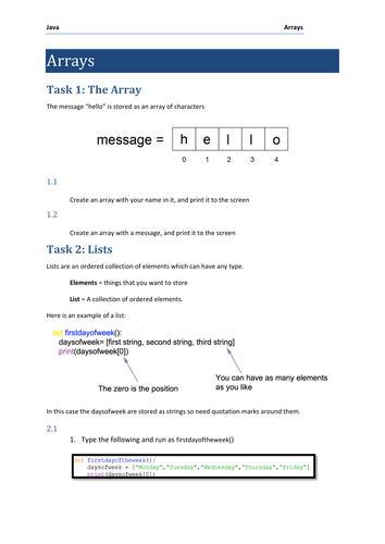 Arrays practical for GCSE Computer Science using Java