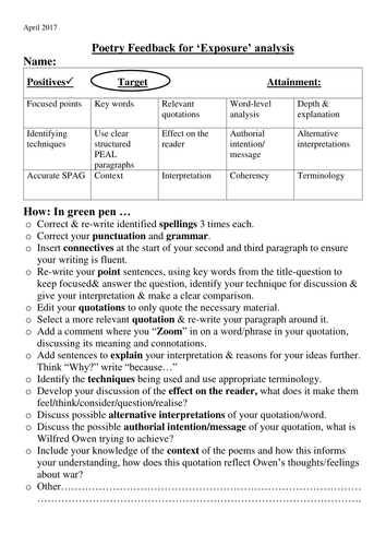 Marking feedback sheet for poetry ('Exposure')
