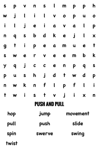 Science Wordsearch. Push and pull