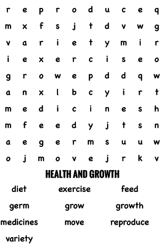 Science Wordsearch. Health and growth