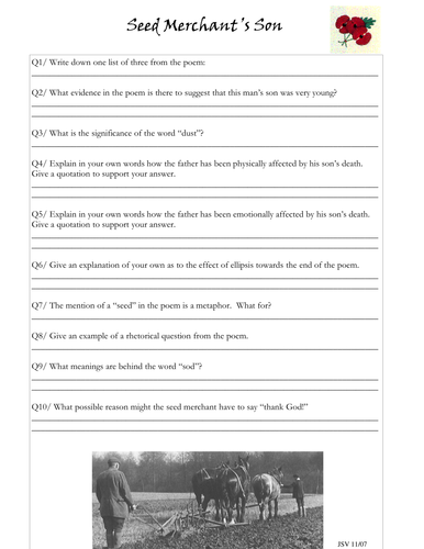 War poetry KS3 - questions on the Seed Merchant's Son by Wilfred Owen
