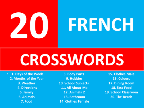 20 Crosswords French Language Keywords KS3 GCSE Crossword Starter Plenary Cover Lesson