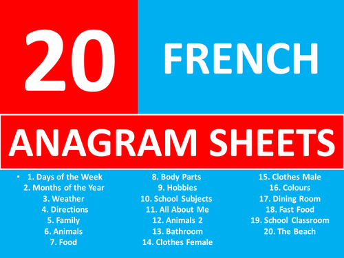 20 Anagram Sheets French Language Keywords KS3 GCSE Anagrams Starter Plenary Cover Lesson