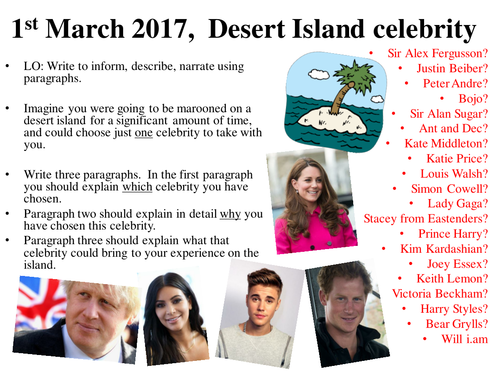 Desert Island celebrity starter activity KS2 KS3