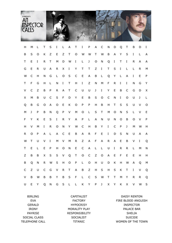 An Inspector Calls wordsearch KS4