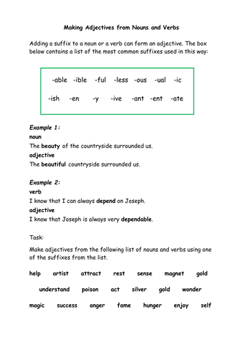 worksheets grade 1 noun pdf verbs adjectives transform Use into suffixes to and nouns