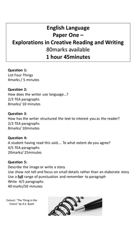 English Language Paper 1 Section A Revision Pack - Extract ' The Thing in the Forest'.