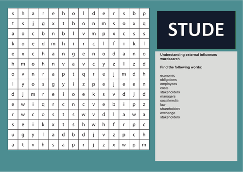 Understanding external influences on business wordsearch: GCSE Business for Edexcel (9-1) (1BS0)