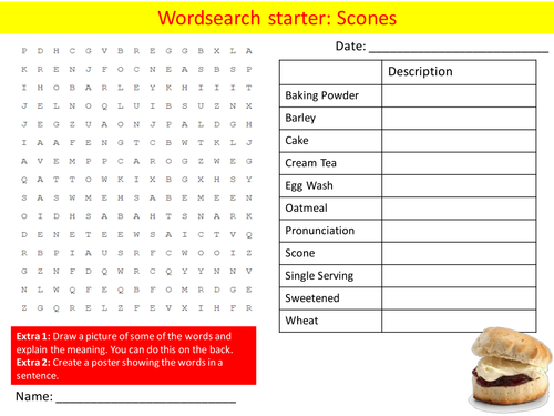 Food Scones Keywords KS3 GCSE Starter Activities Wordsearch, Crossword Cover Homework Lesson