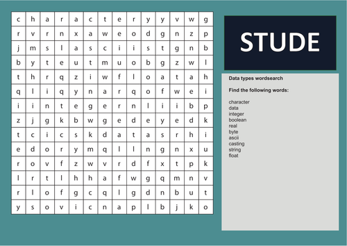 Data types Wordsearch for GCSE Computer Science