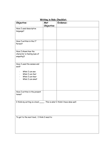 Writing in Role Checklist- English