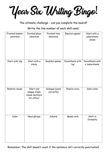 Writing Bingo Checklist