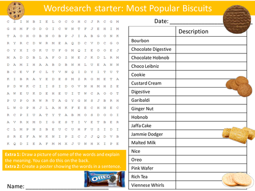 Food Popular Biscuits Keywords KS3 GCSE Starter Activities Wordsearch, Crossword Cover Homework
