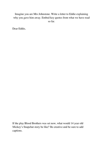 9 Homework Tasks linked to Blood Brothers and revision of English Language Writing