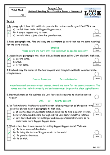 Dragons' Den - National Reading Test - Year 7 - Levi Roots and Peter Jones - Answers Included