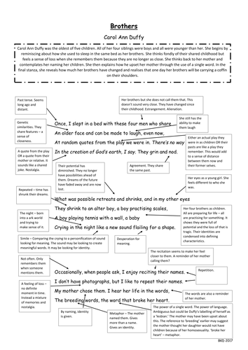 Brothers - A3 Annotated Poem - Carol Ann Duffy - Mean Time - WJEC AS English Language