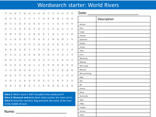 Geography Rivers of the World KS3 GCSE Wordsearch Crossword Anagram Alphabet Keyword Starter Cover
