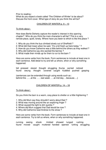 CHILDREN OF WINTER Guided Reading / Comprehension unit of work