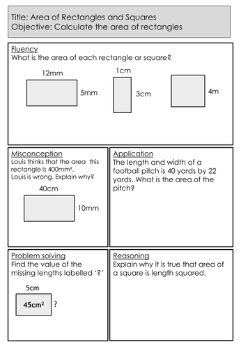 Mastery Maths - Area of Rectangles and Squares - Calculate the area of rectangles and squares